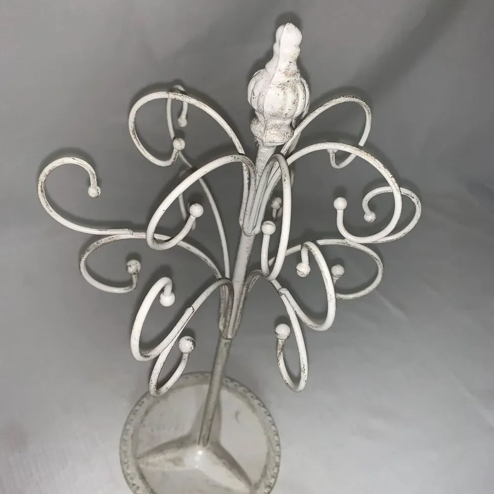 White Metal Jewelry Tree Holder With Accent & Swirl Design